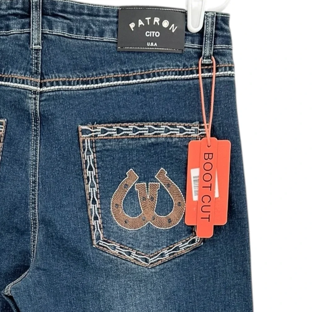 Patron Cito Men's Stretch Straight Leg Embroidered Blue Denim Jeans Sz 36x32 NWT
